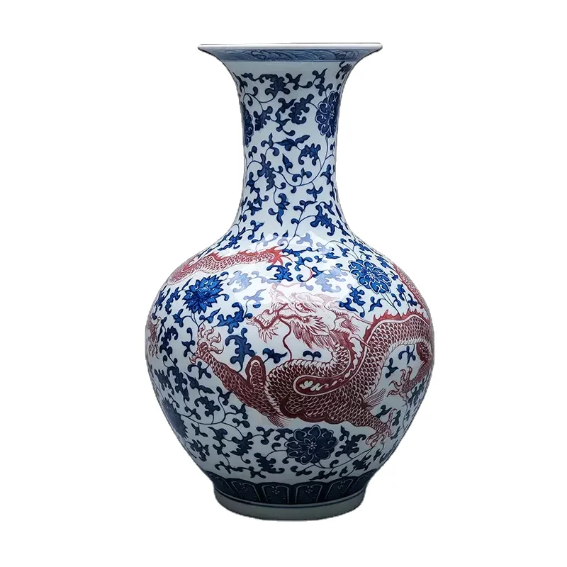 Resin Art Floor Design - Chinese antieke keramische drakenbloemvaas, blauw en